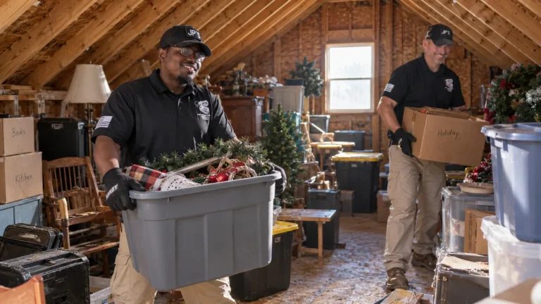 JP’s Junk Removal crew carrying bins and boxes out of an attic
