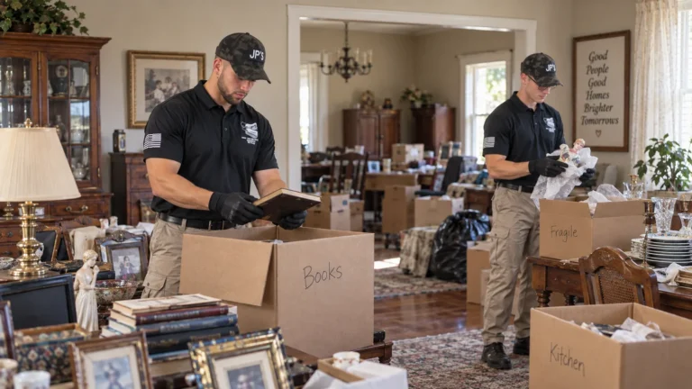 JP’s Junk Removal crew packing a home’s belongings into labelled boxes