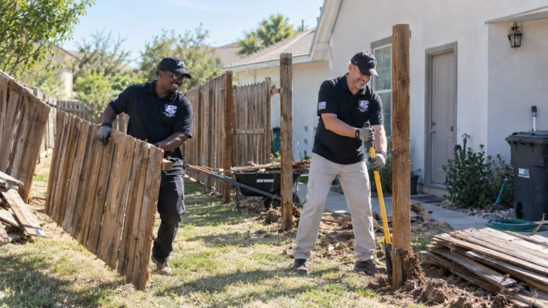 JP’s Junk Removal crew pulling out an old wooden fence