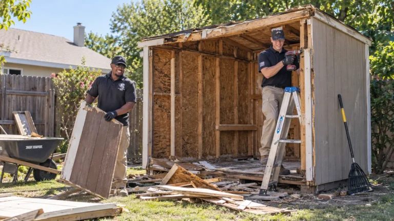 JP’s Junk Removal crew taking down an old wooden shed